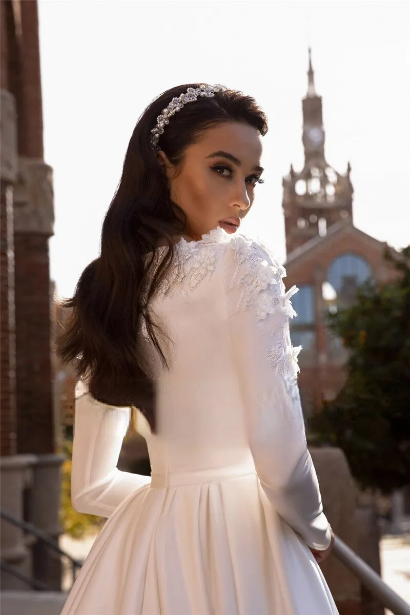 Wedding Dress Long Sleeves A Line Bride Gowns 3D Flowers Vintage
