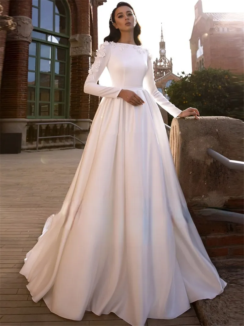Wedding Dress Long Sleeves A Line Bride Gowns 3D Flowers Vintage