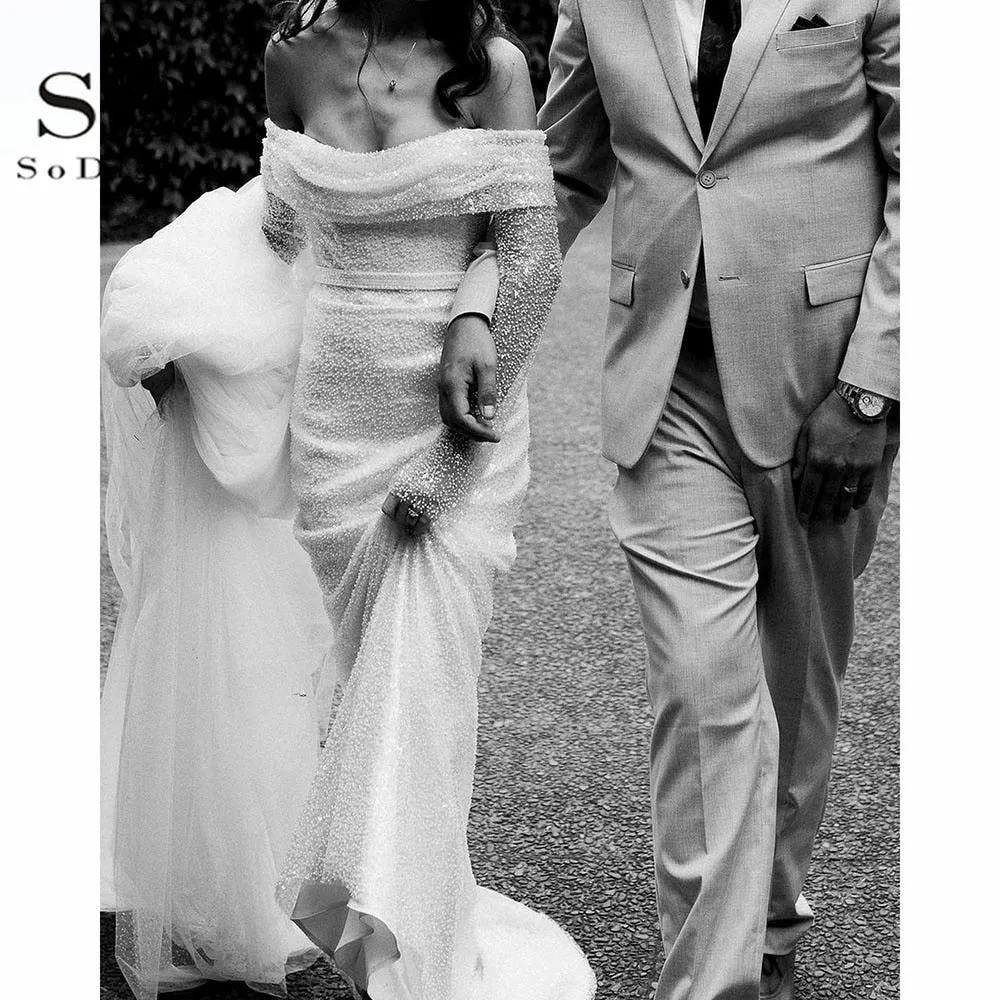 Wedding Dress Long Sleeves Draped Train Long Bridal Gown Women