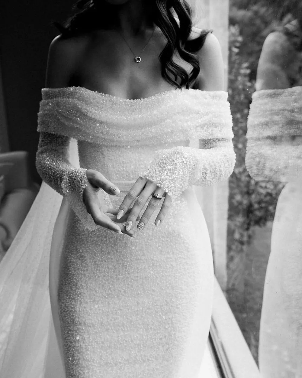 Wedding Dress Long Sleeves Draped Train Long Bridal Gown Women