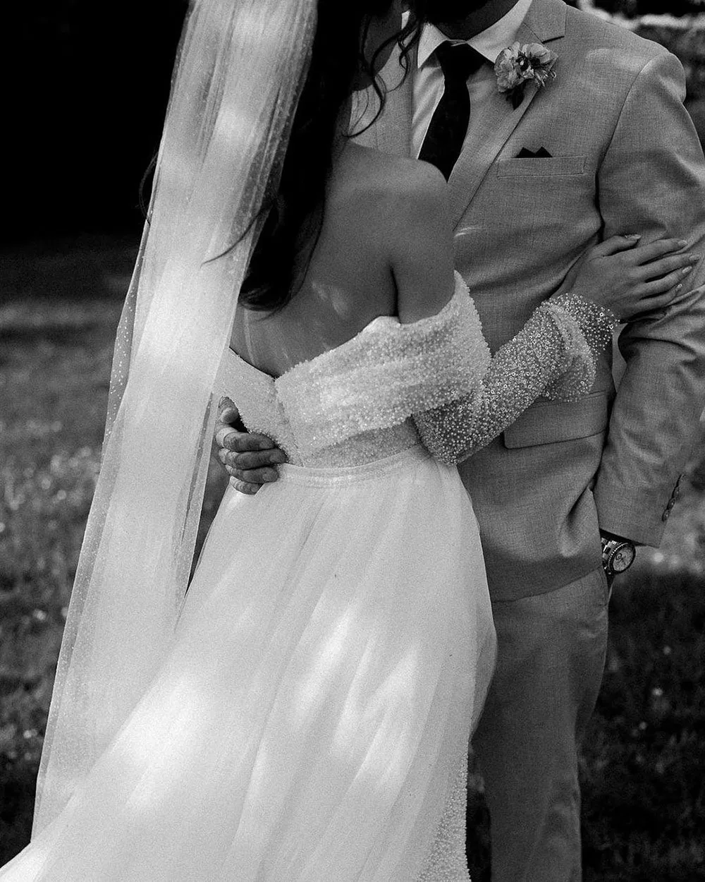 Wedding Dress Long Sleeves Draped Train Long Bridal Gown Women