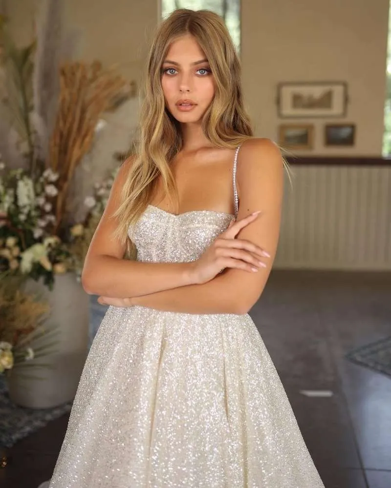 Wedding Dresses Boho Sweetheart Sequin Spaghetti Strap A-Line