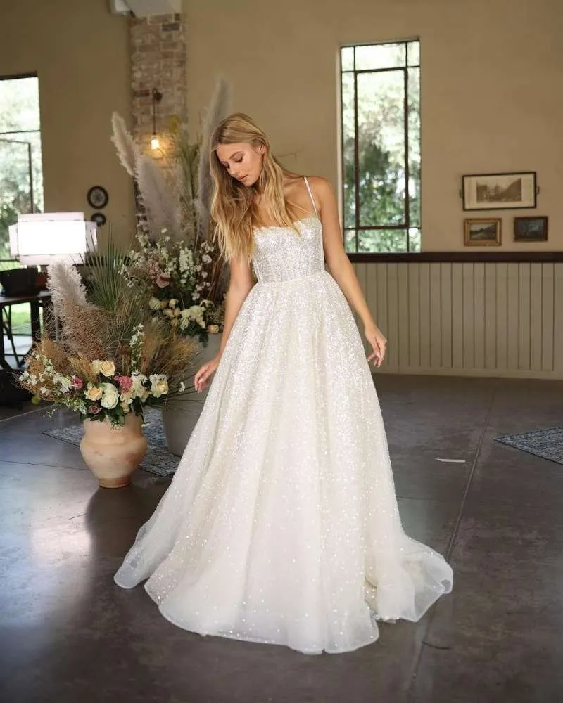 Wedding Dresses Boho Sweetheart Sequin Spaghetti Strap A-Line