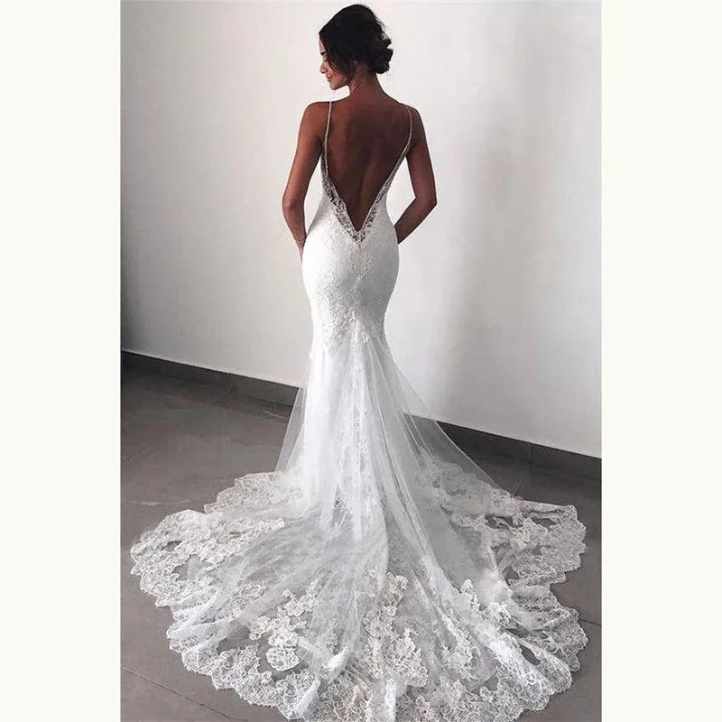 Wedding Dresses Lace Open Back Spaghetti Straps Appliqued  Bridal Gowns