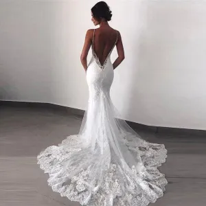 Wedding Dresses Lace Open Back Spaghetti Straps Appliqued  Bridal Gowns