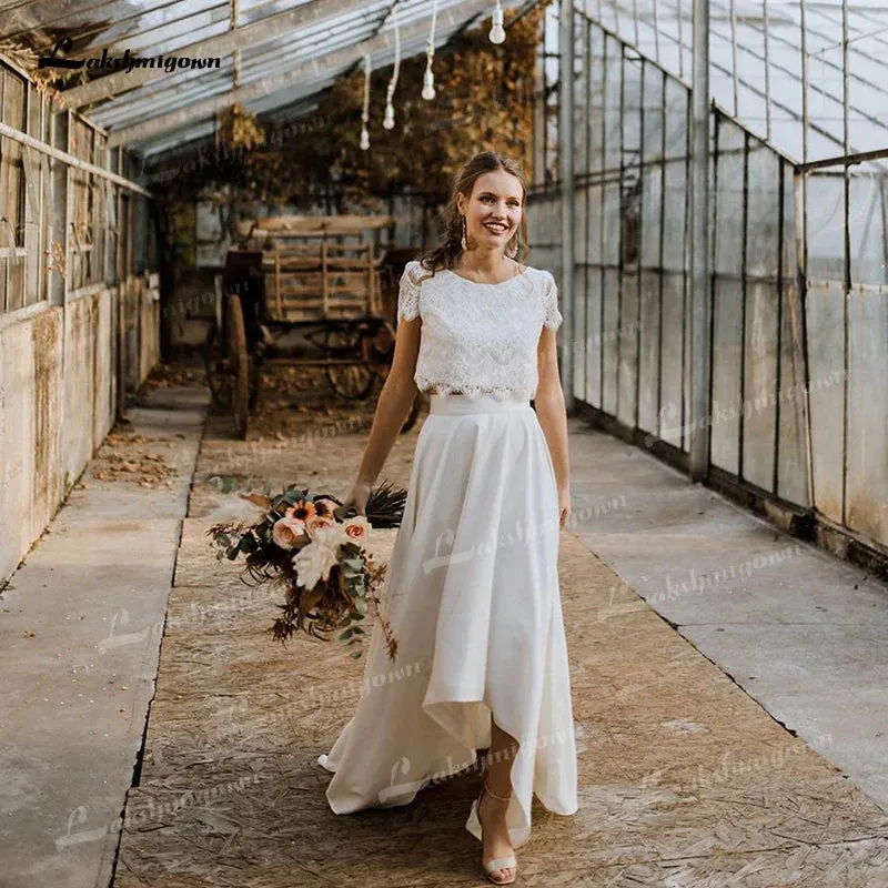 Wedding Dresses O-Neck Short Cap Sleeve High Low Skirt Bride Gowns