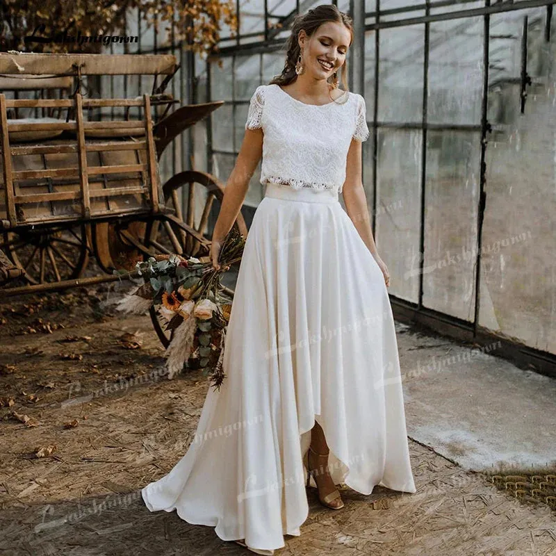 Wedding Dresses O-Neck Short Cap Sleeve High Low Skirt Bride Gowns