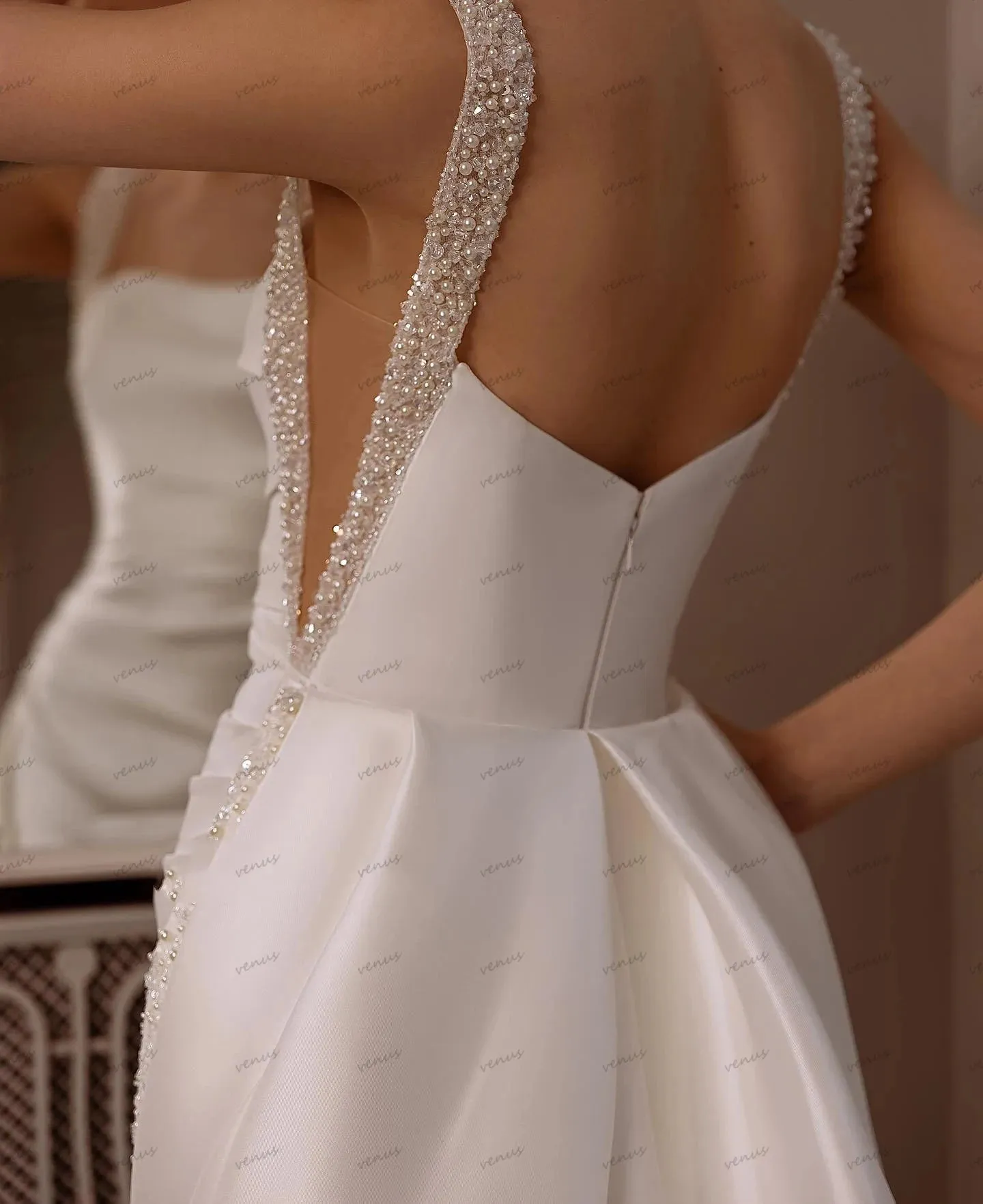 Wedding Dresses Satin Bridal Gowns Square Collar Backless