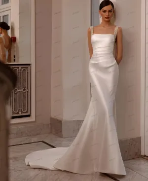 Wedding Dresses Satin Bridal Gowns Square Collar Backless