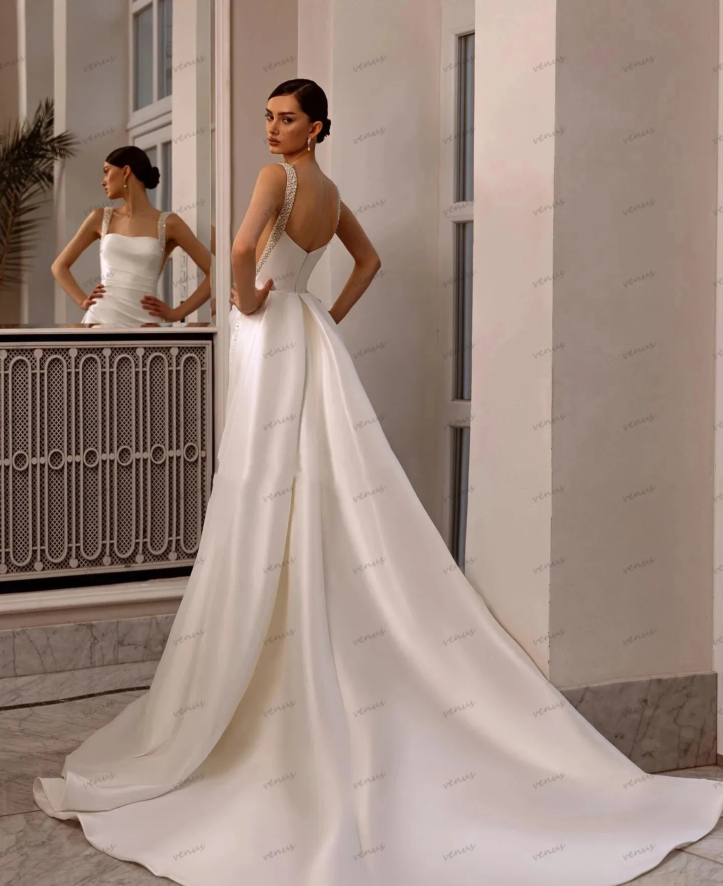 Wedding Dresses Satin Bridal Gowns Square Collar Backless