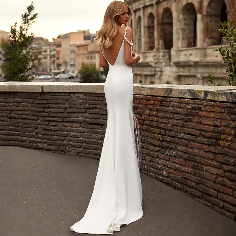 Wedding Dresses V-Neck Pearls Satin Bride Gowns