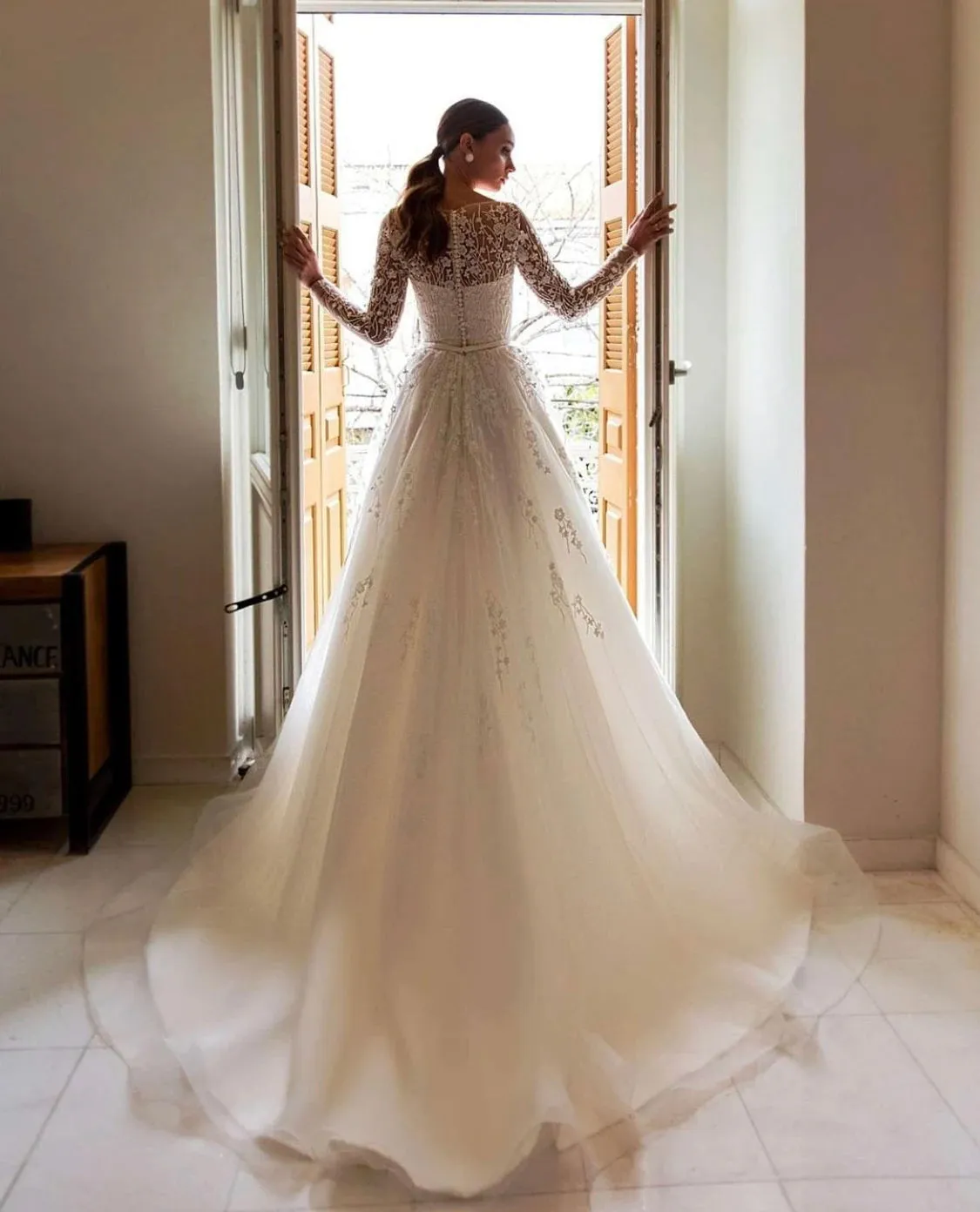 Wedding Guest Dresses: A-line Champagne Tulle Wedding Dress Long Sleeve V-neck