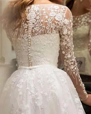 Wedding Guest Dresses: A-line Champagne Tulle Wedding Dress Long Sleeve V-neck