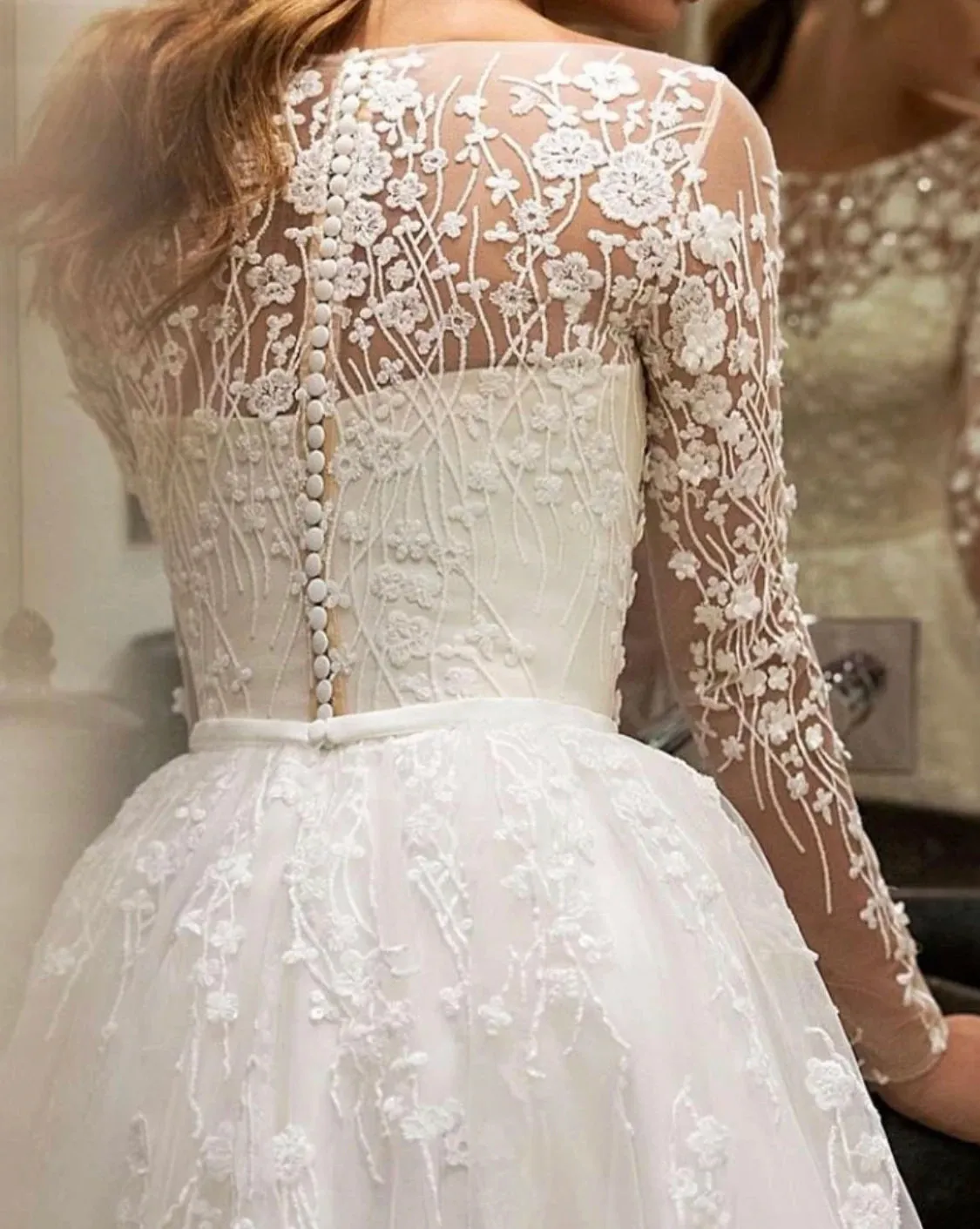 Wedding Guest Dresses: A-line Champagne Tulle Wedding Dress Long Sleeve V-neck