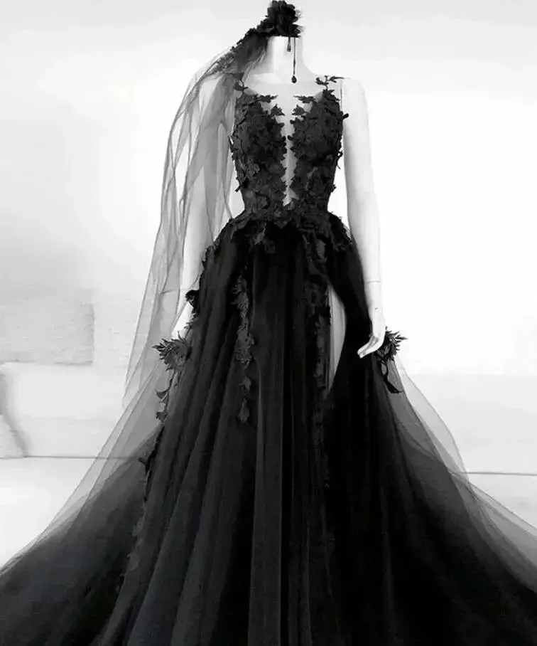 Wedding Guest Dresses: Black Wedding Dress Lace High Neck Mermaid Gowns