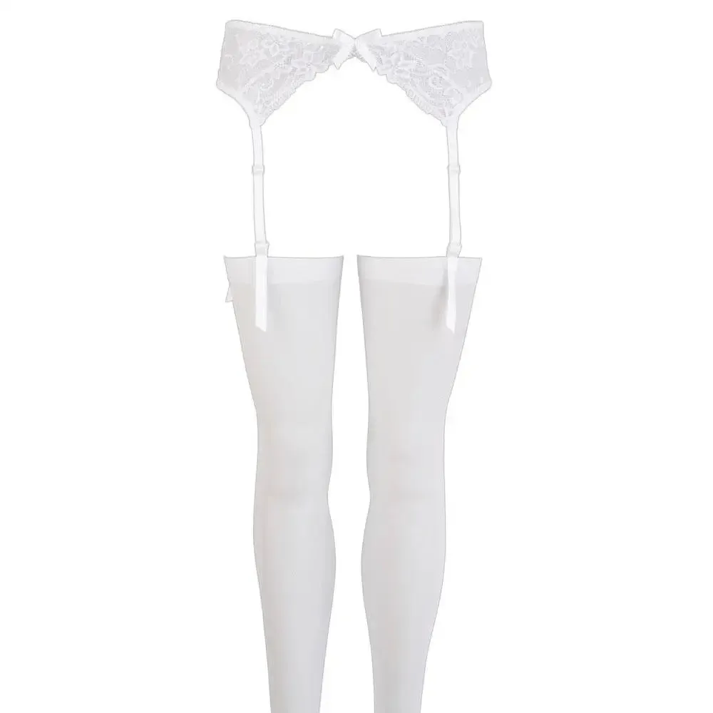Wet Look White Lace Suspender Stockings with Adjustable Straps