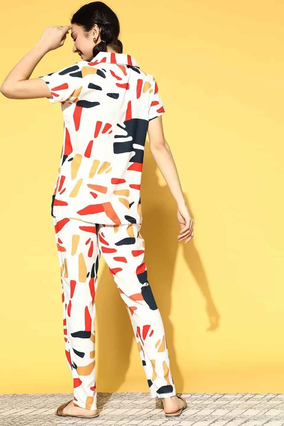 White Abstract Printed Cotton Night Suit for Women | S-XL | Claura