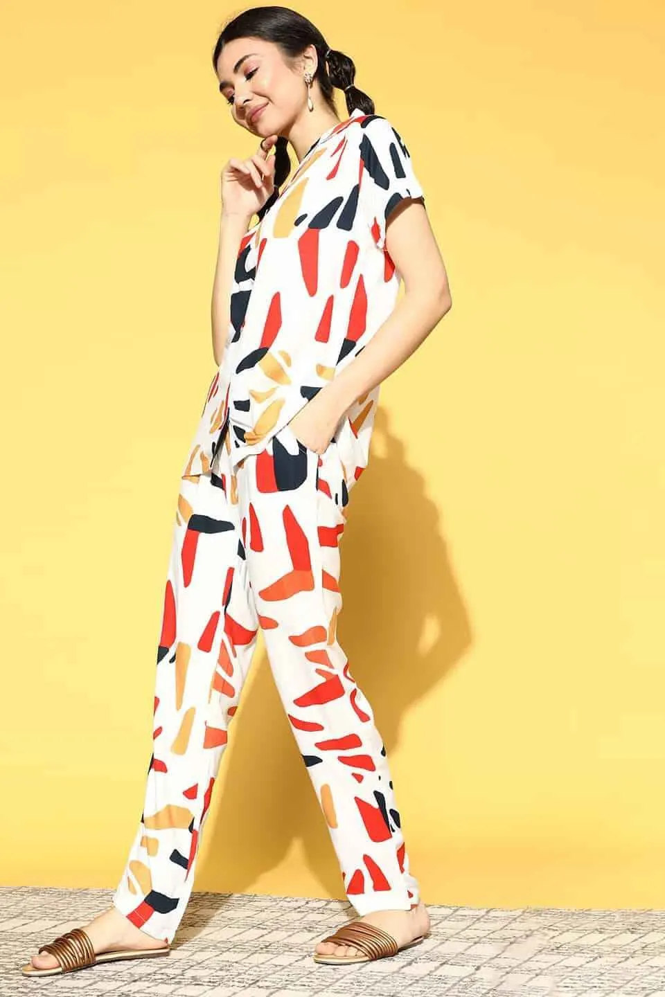 White Abstract Printed Cotton Night Suit for Women | S-XL | Claura