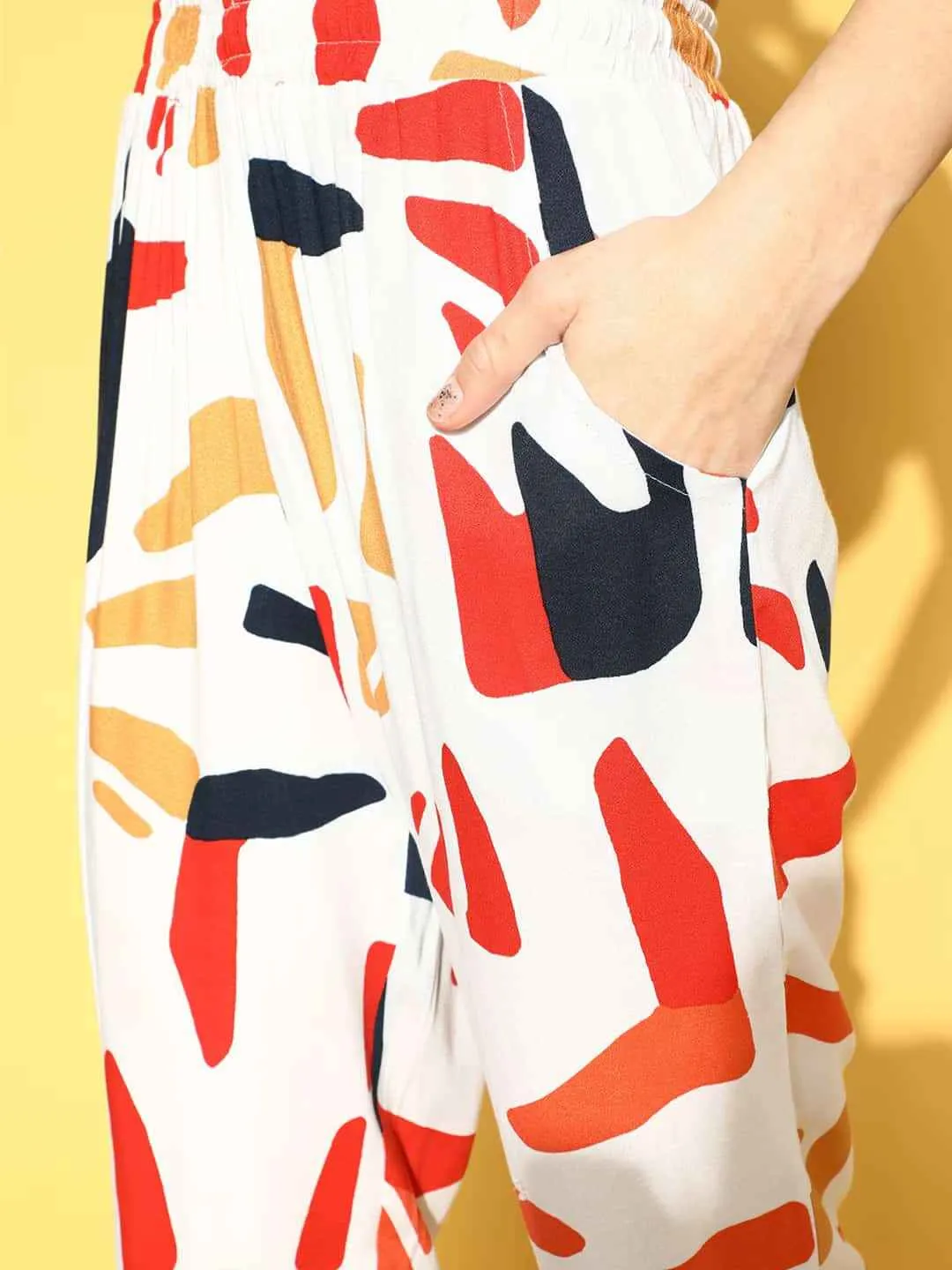 White Abstract Printed Cotton Night Suit for Women | S-XL | Claura