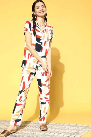 White Abstract Printed Cotton Night Suit for Women | S-XL | Claura