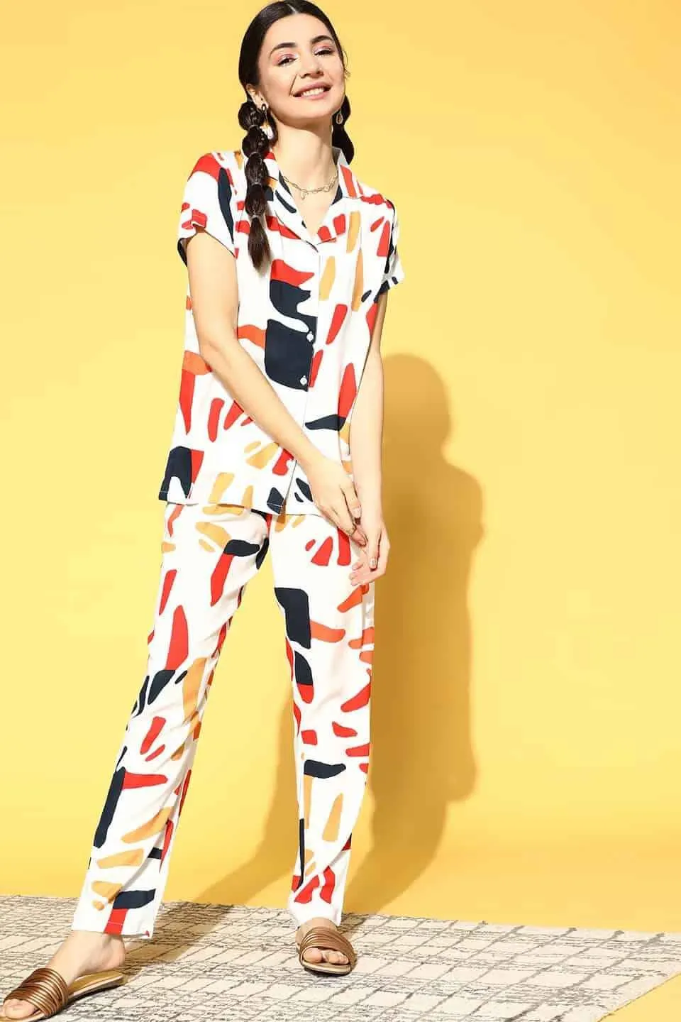 White Abstract Printed Cotton Night Suit for Women | S-XL | Claura