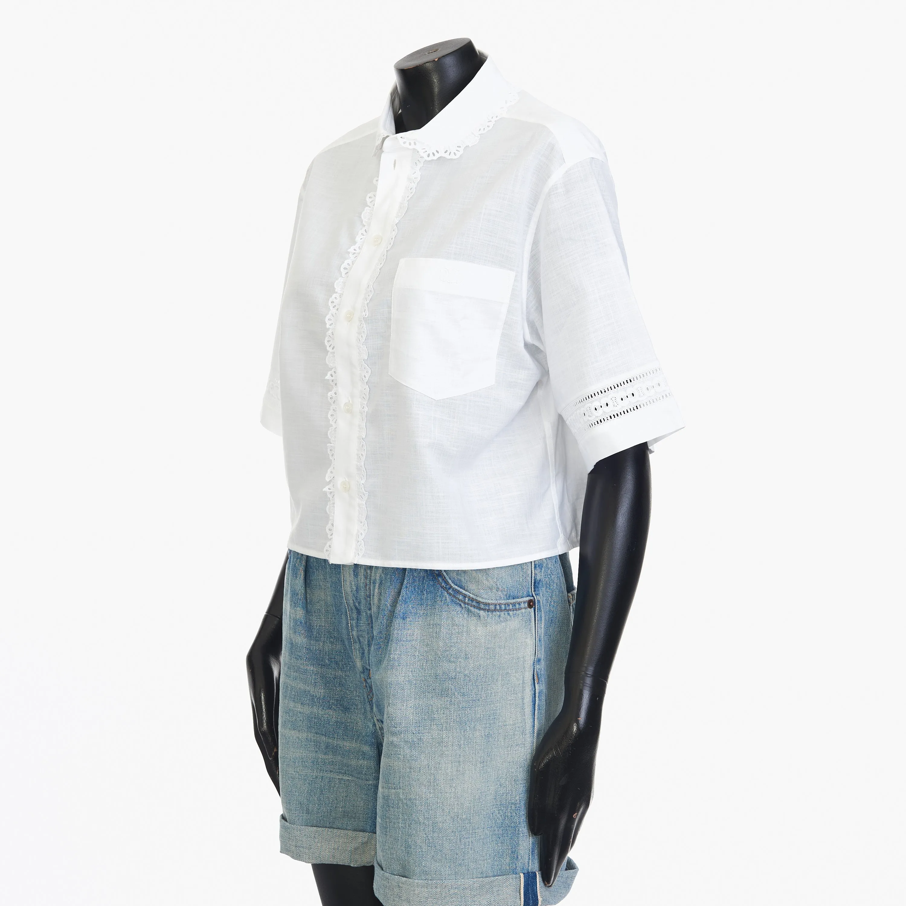 White Cropped Shirt With Frill, Claudine Collar And Triomphe Embroidery