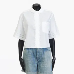 White Cropped Shirt With Frill, Claudine Collar And Triomphe Embroidery