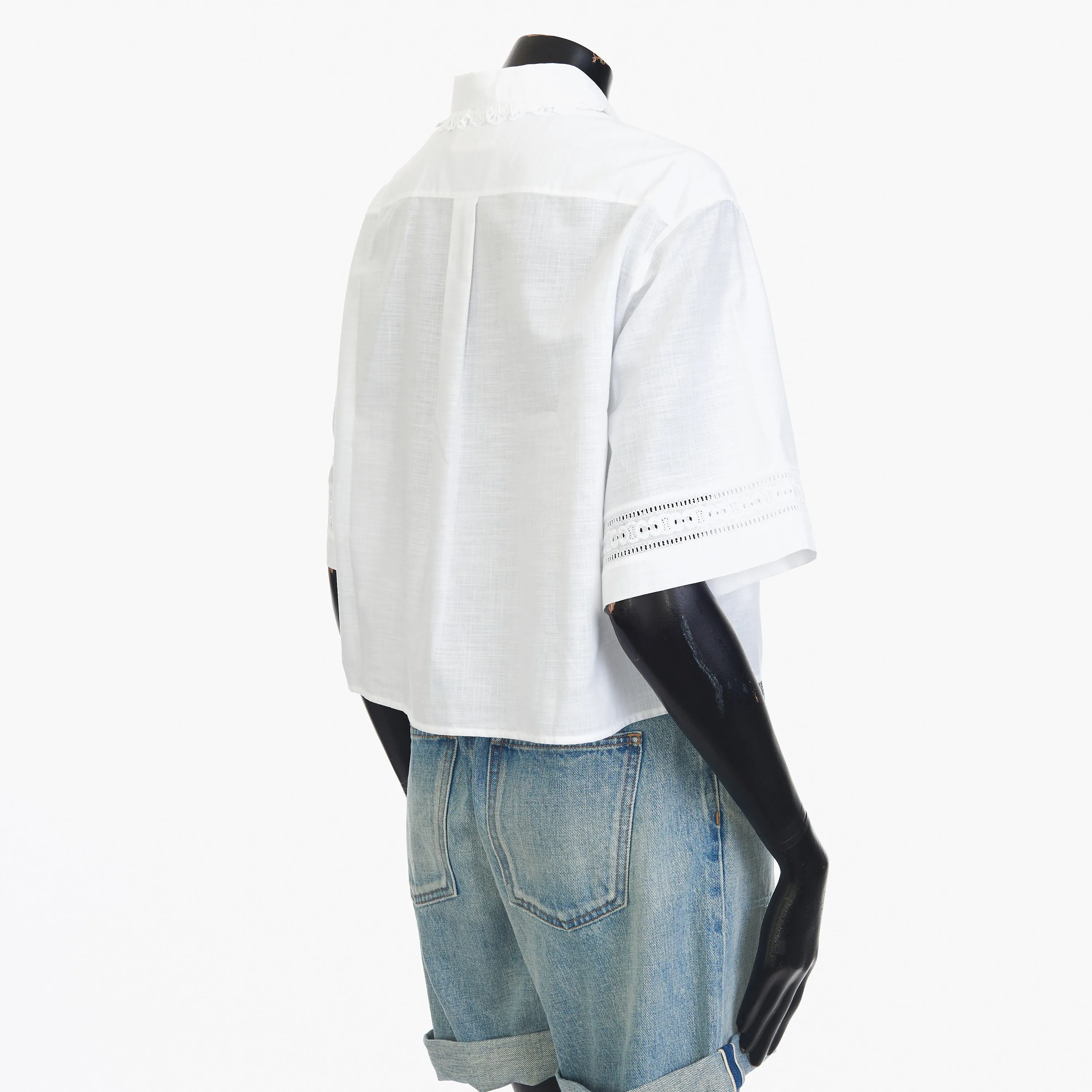 White Cropped Shirt With Frill, Claudine Collar And Triomphe Embroidery