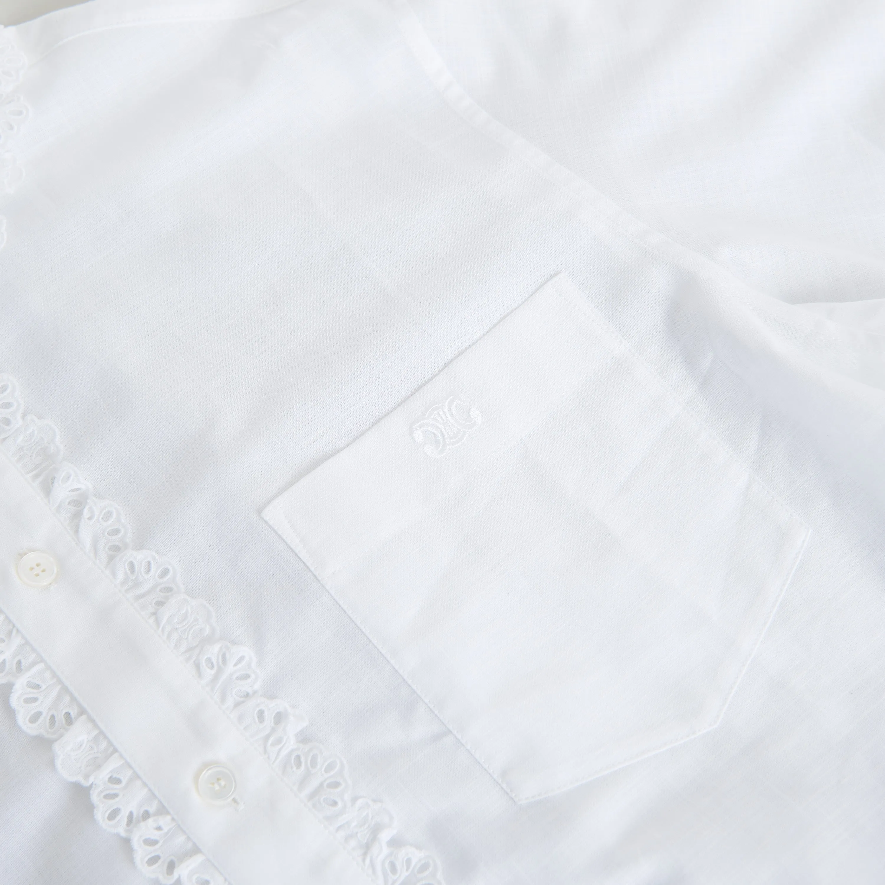 White Cropped Shirt With Frill, Claudine Collar And Triomphe Embroidery