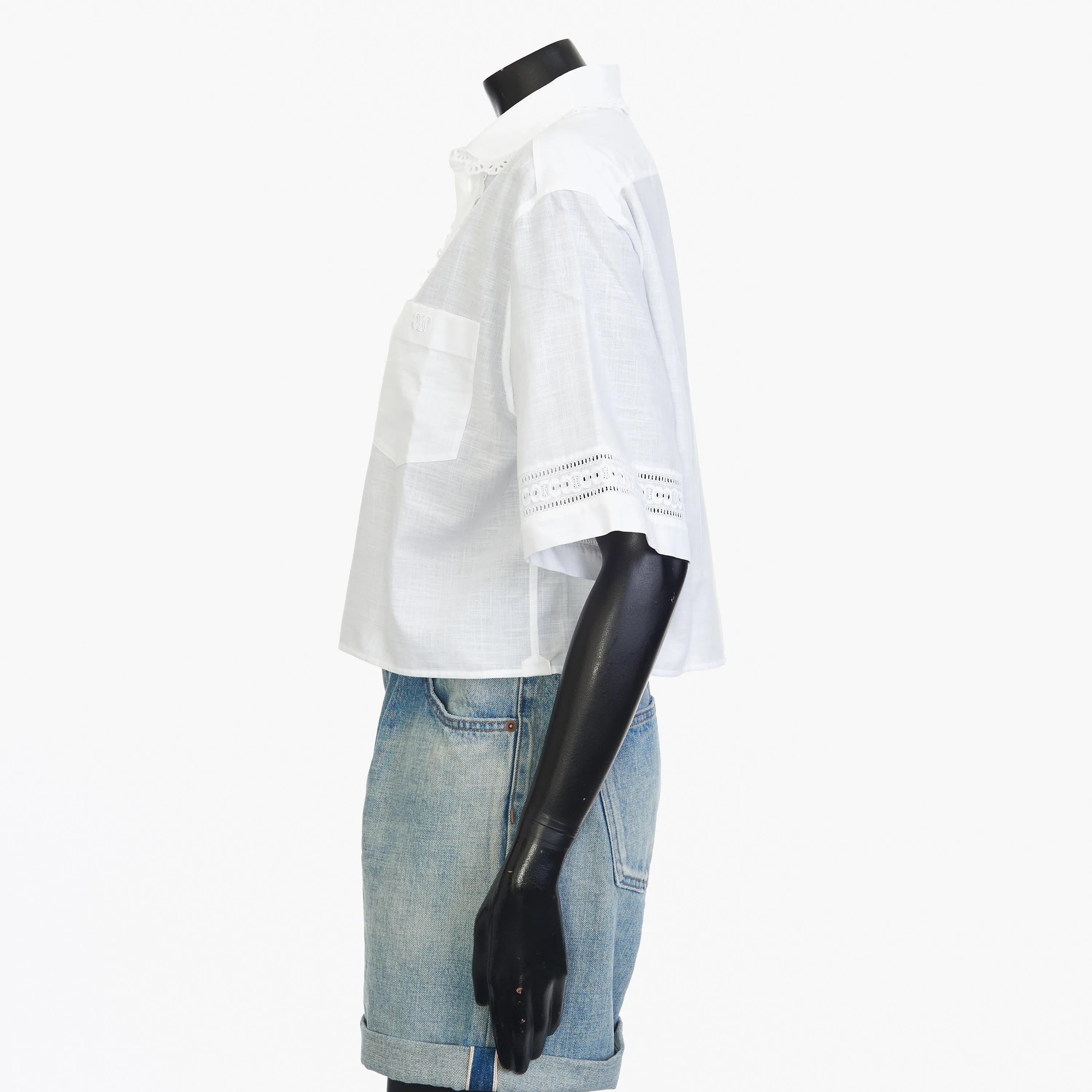 White Cropped Shirt With Frill, Claudine Collar And Triomphe Embroidery