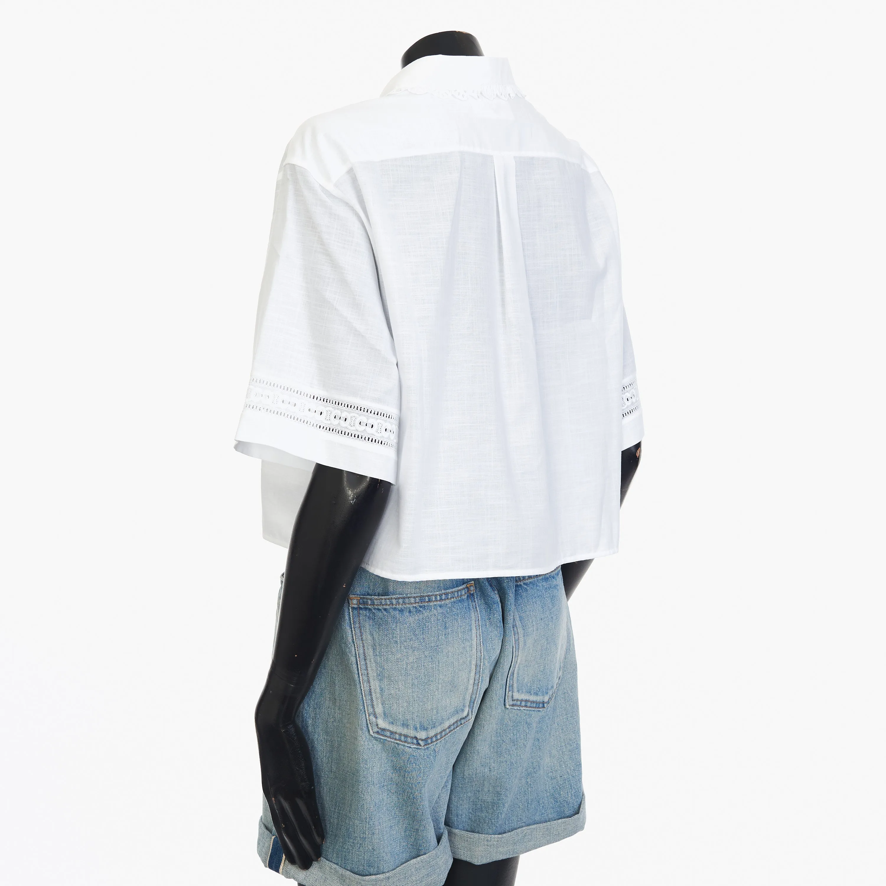 White Cropped Shirt With Frill, Claudine Collar And Triomphe Embroidery