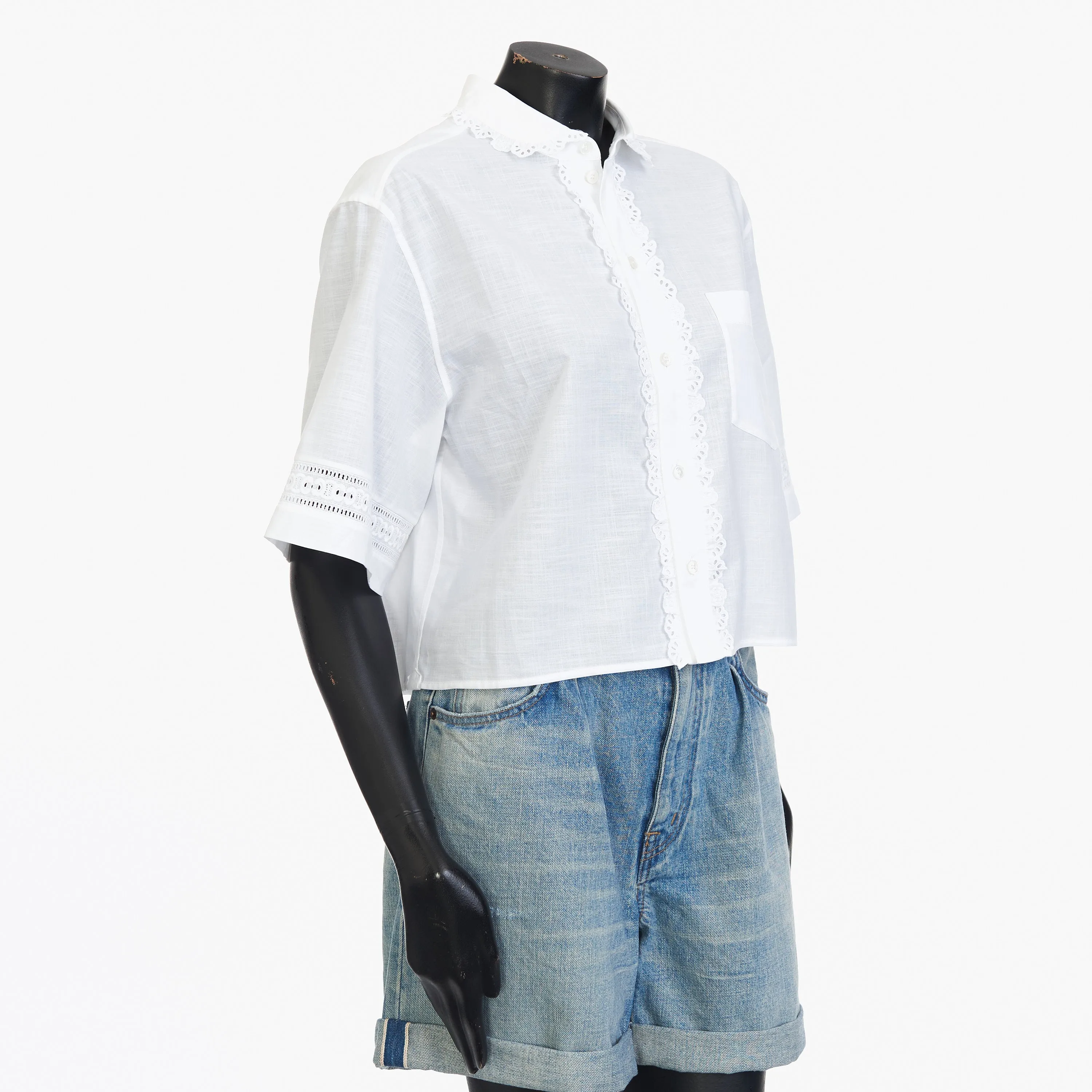 White Cropped Shirt With Frill, Claudine Collar And Triomphe Embroidery