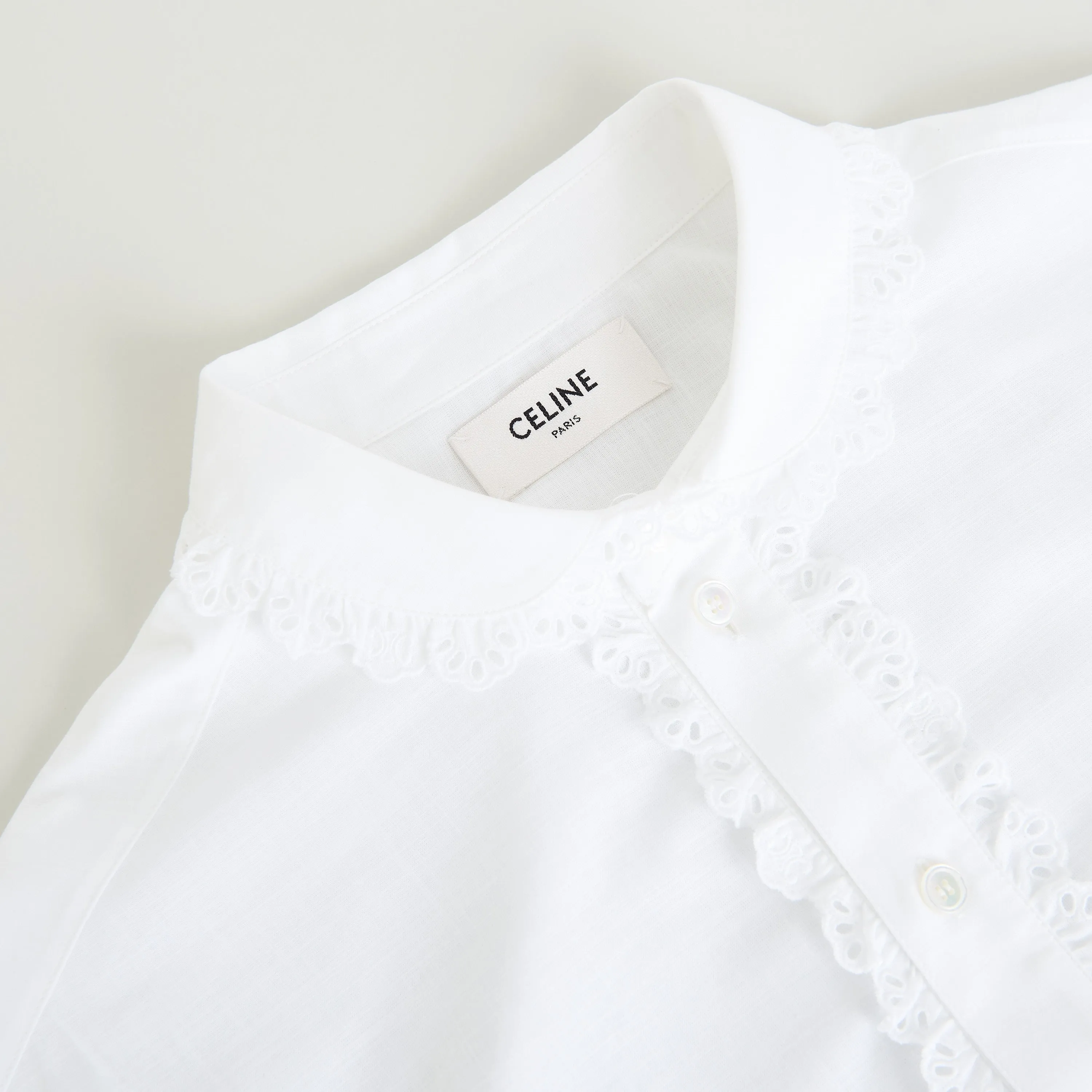 White Cropped Shirt With Frill, Claudine Collar And Triomphe Embroidery