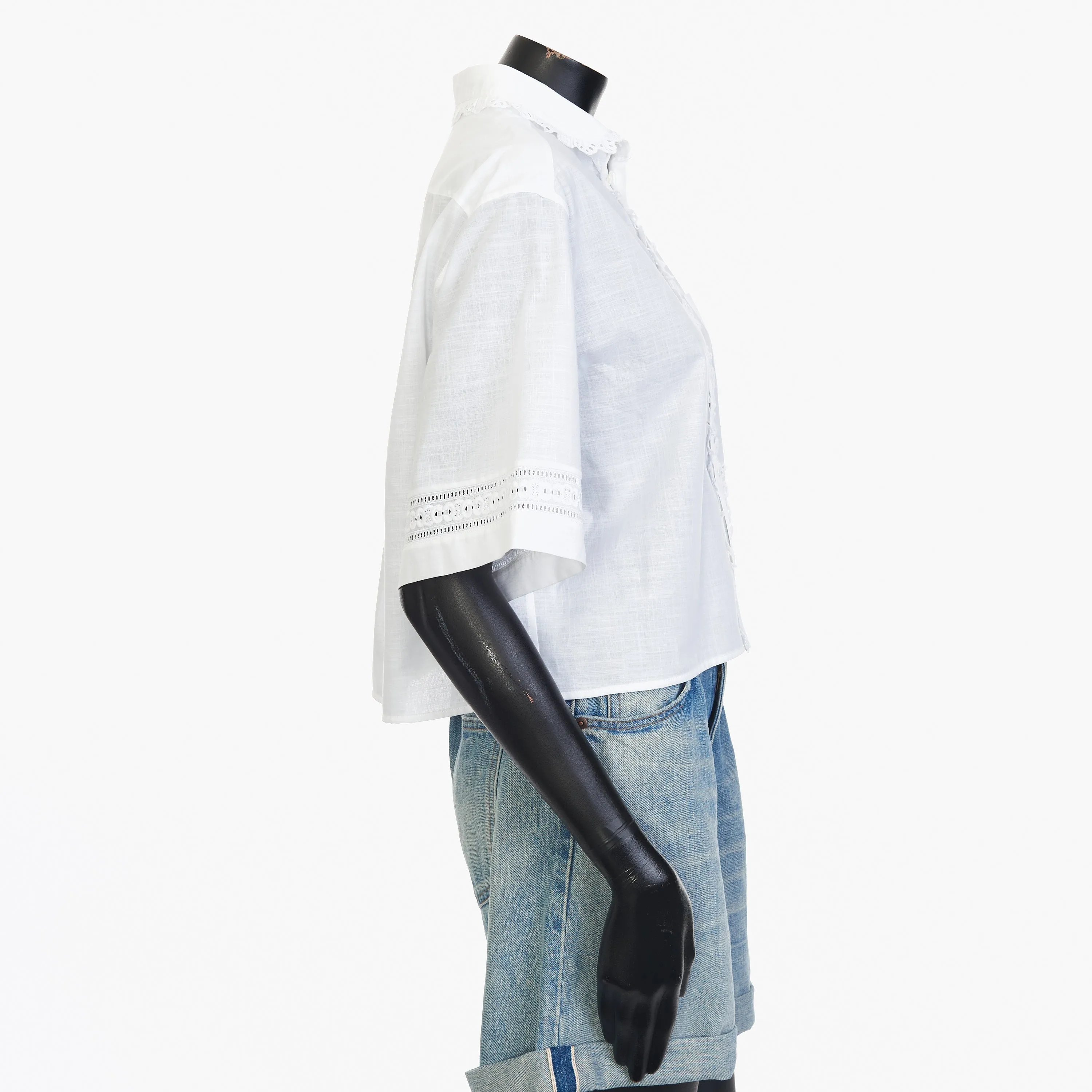 White Cropped Shirt With Frill, Claudine Collar And Triomphe Embroidery