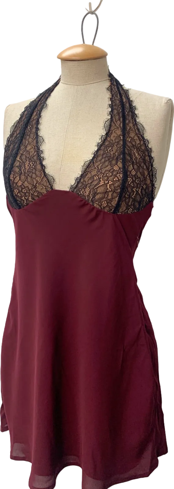 White Fox Burgundy Lace Halter Dress UK S