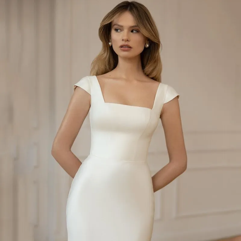 White Mermaid Wedding Dresses Cap Sleeve Satin Bride Dress