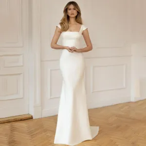 White Mermaid Wedding Dresses Cap Sleeve Satin Bride Dress
