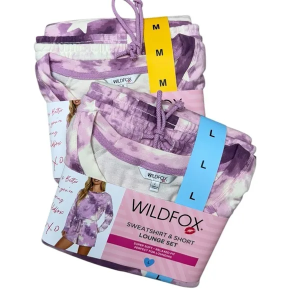 Wildfox Purple Tie-Dye Stars Sweatshirt &amp; Shorts Lounge Set - Size M &amp; L NWT