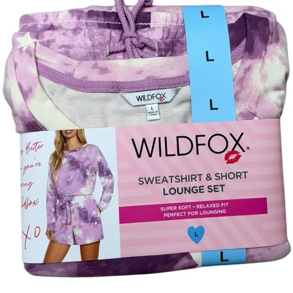 Wildfox Purple Tie-Dye Stars Sweatshirt &amp; Shorts Lounge Set - Size M &amp; L NWT