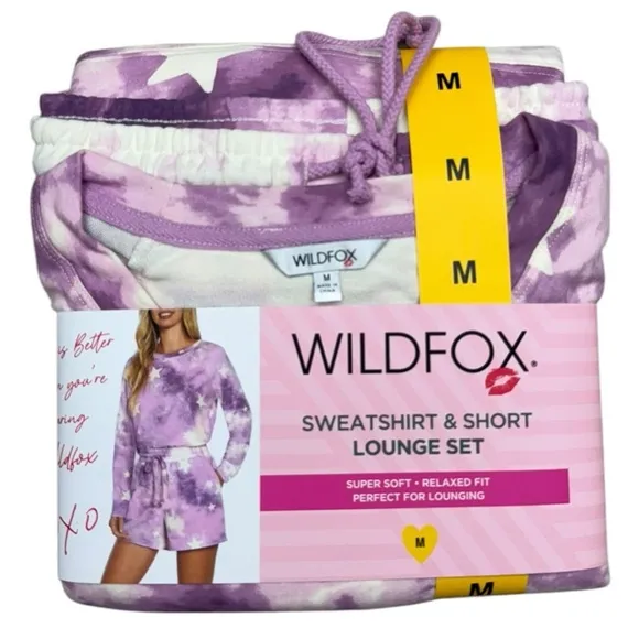 Wildfox Purple Tie-Dye Stars Sweatshirt &amp; Shorts Lounge Set - Size M &amp; L NWT