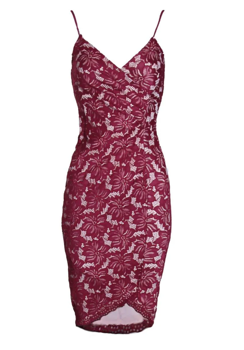 Wine and Nude Lace Midi Dress
