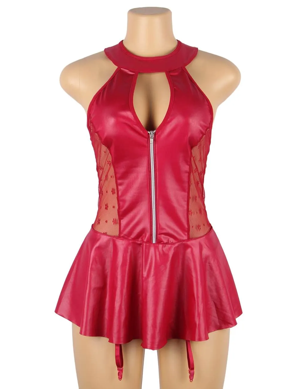 With Farawlaya Black  & Red Sexy Halter Leather Lace Stitching Gartered Lingerie