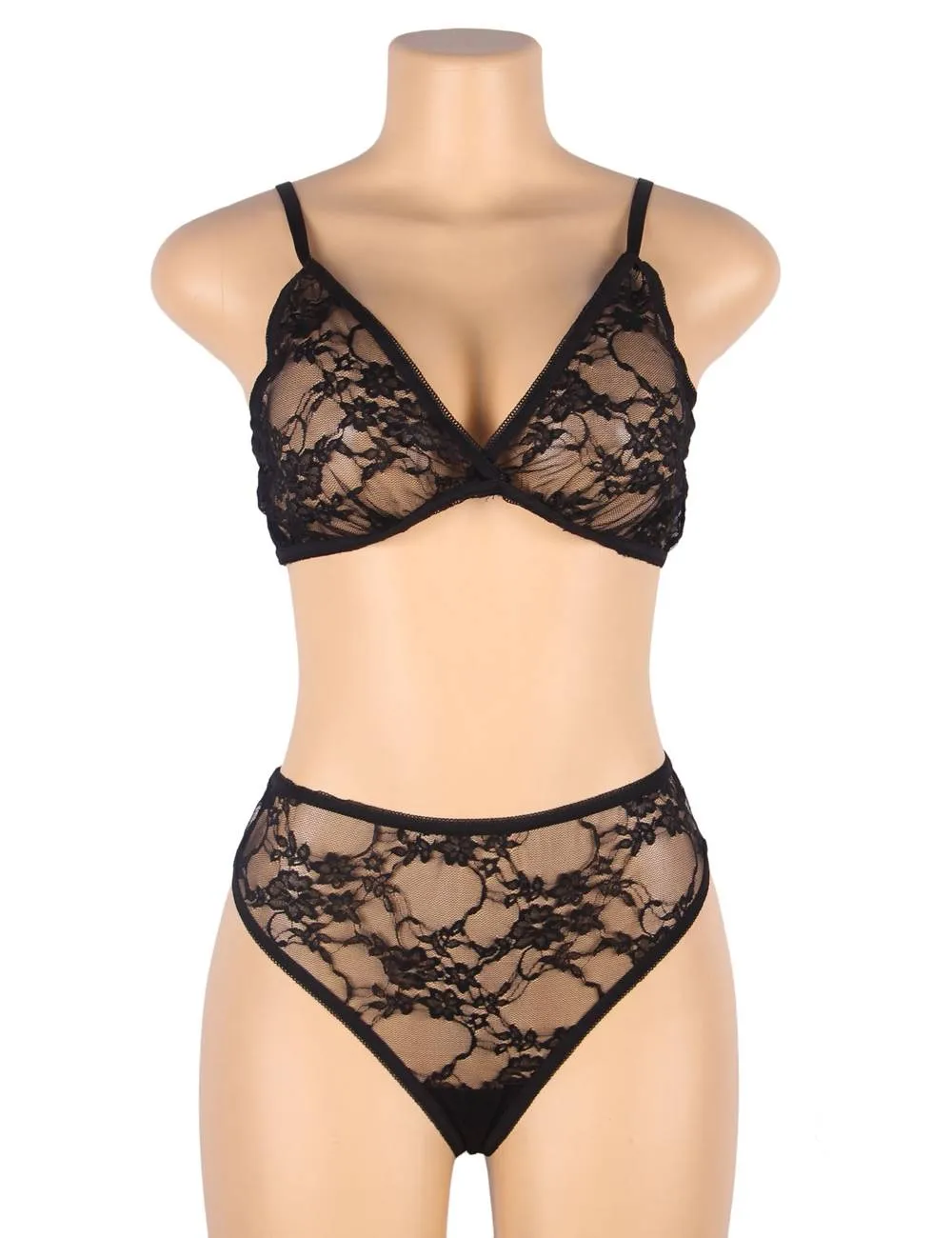 With Farawlaya See-through sexy women‘s full lace high stretch bra panty set with sleeves