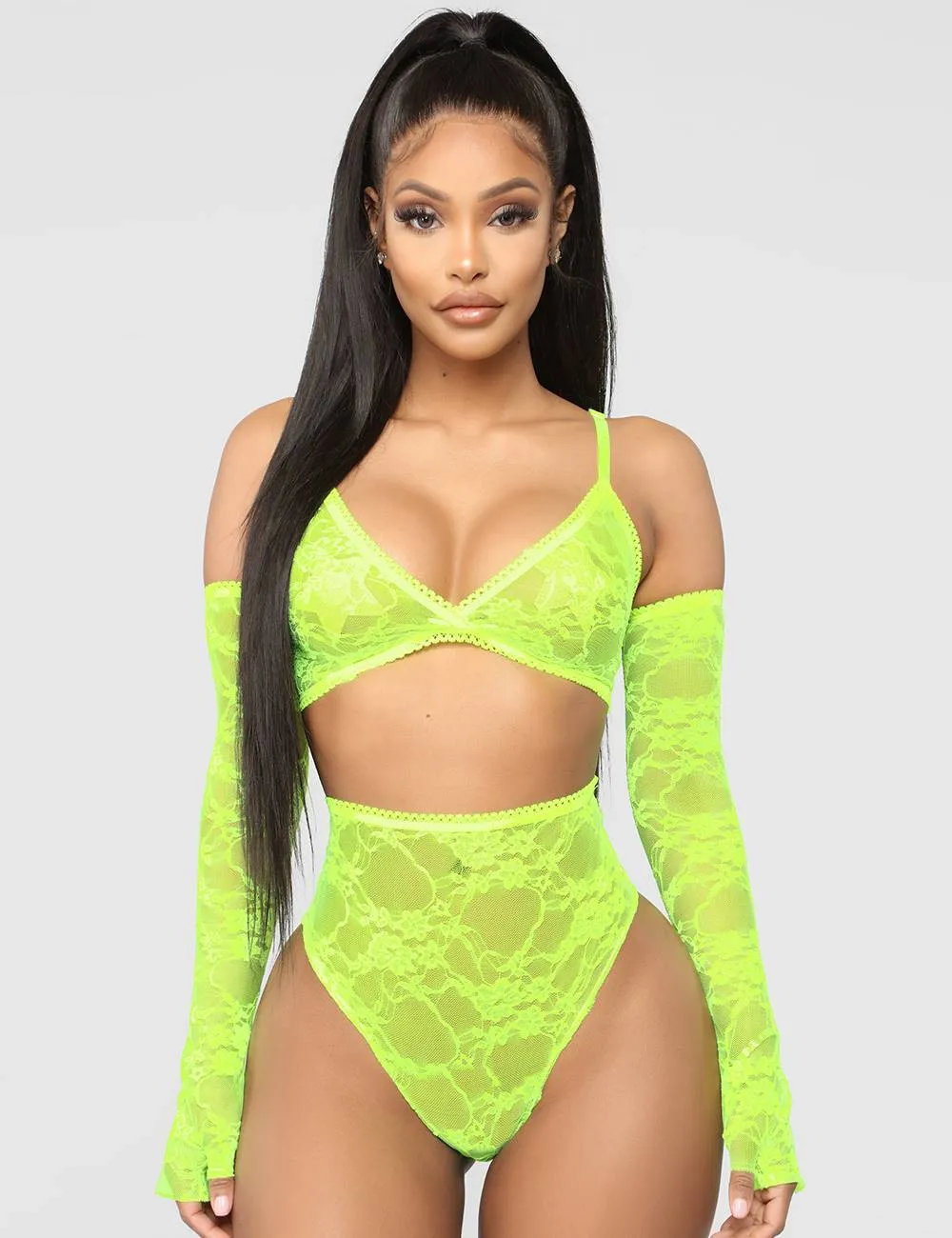 With Farawlaya See-through sexy women‘s full lace high stretch bra panty set with sleeves