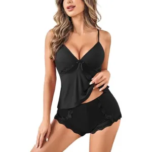 Women Black Pajamas Set Sexy Modal Sleepwear Cami Sleep Lace Trim with Shorts