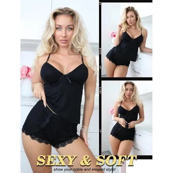 Women Black Pajamas Set Sexy Modal Sleepwear Cami Sleep Lace Trim with Shorts