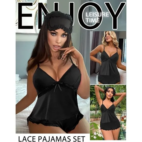 Women Black Pajamas Set Sexy Modal Sleepwear Cami Sleep Lace Trim with Shorts