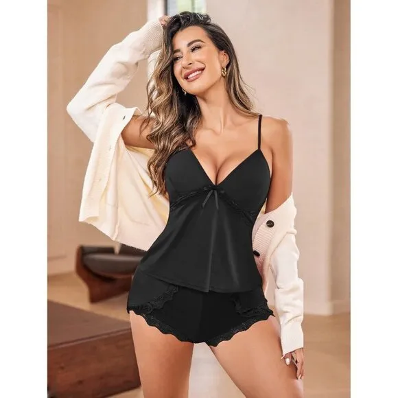 Women Black Pajamas Set Sexy Modal Sleepwear Cami Sleep Lace Trim with Shorts