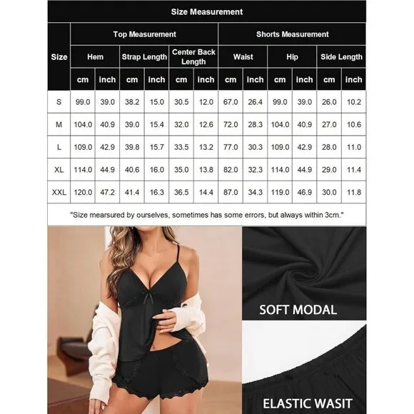 Women Black Pajamas Set Sexy Modal Sleepwear Cami Sleep Lace Trim with Shorts