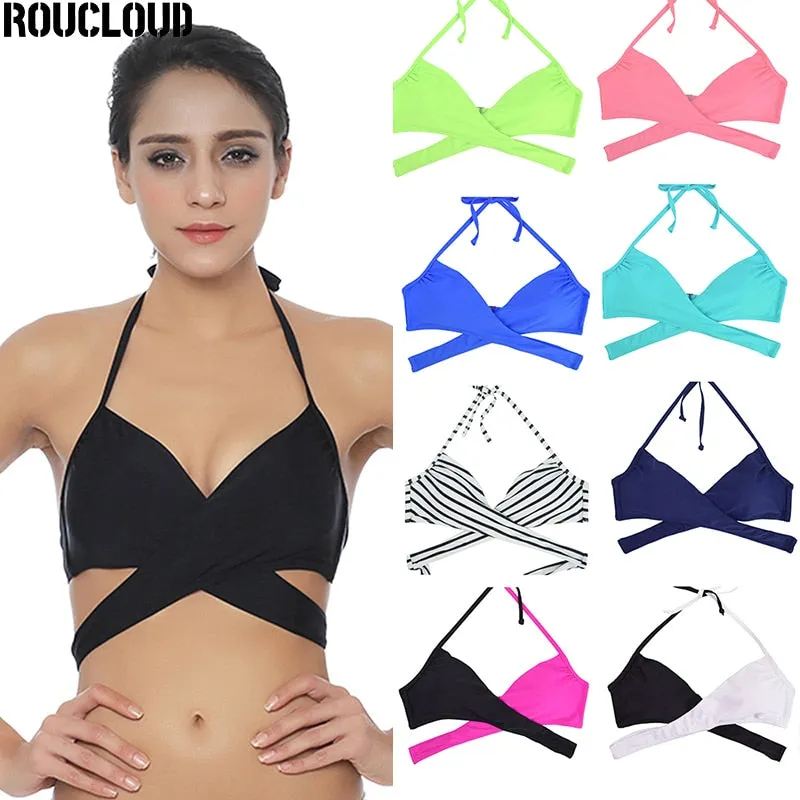 Women Chest Cross Bikini Top Swimwear Print Push Up Swimsuit Beach Sport Swimming Bra Sexy Halter Girls Solid Biquini T608